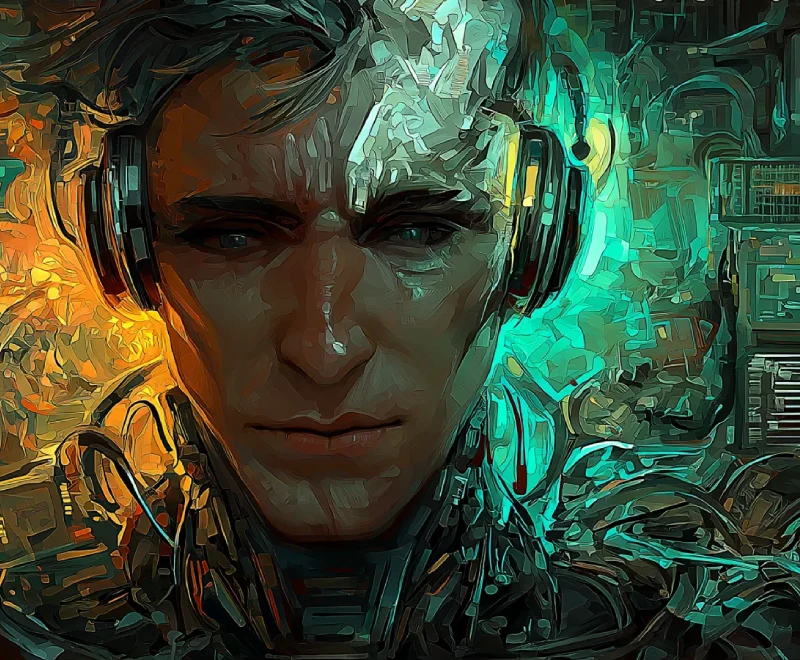 Stylized portrait illustration of Serge Serna with headphones, surrounded by studio rack and guitar